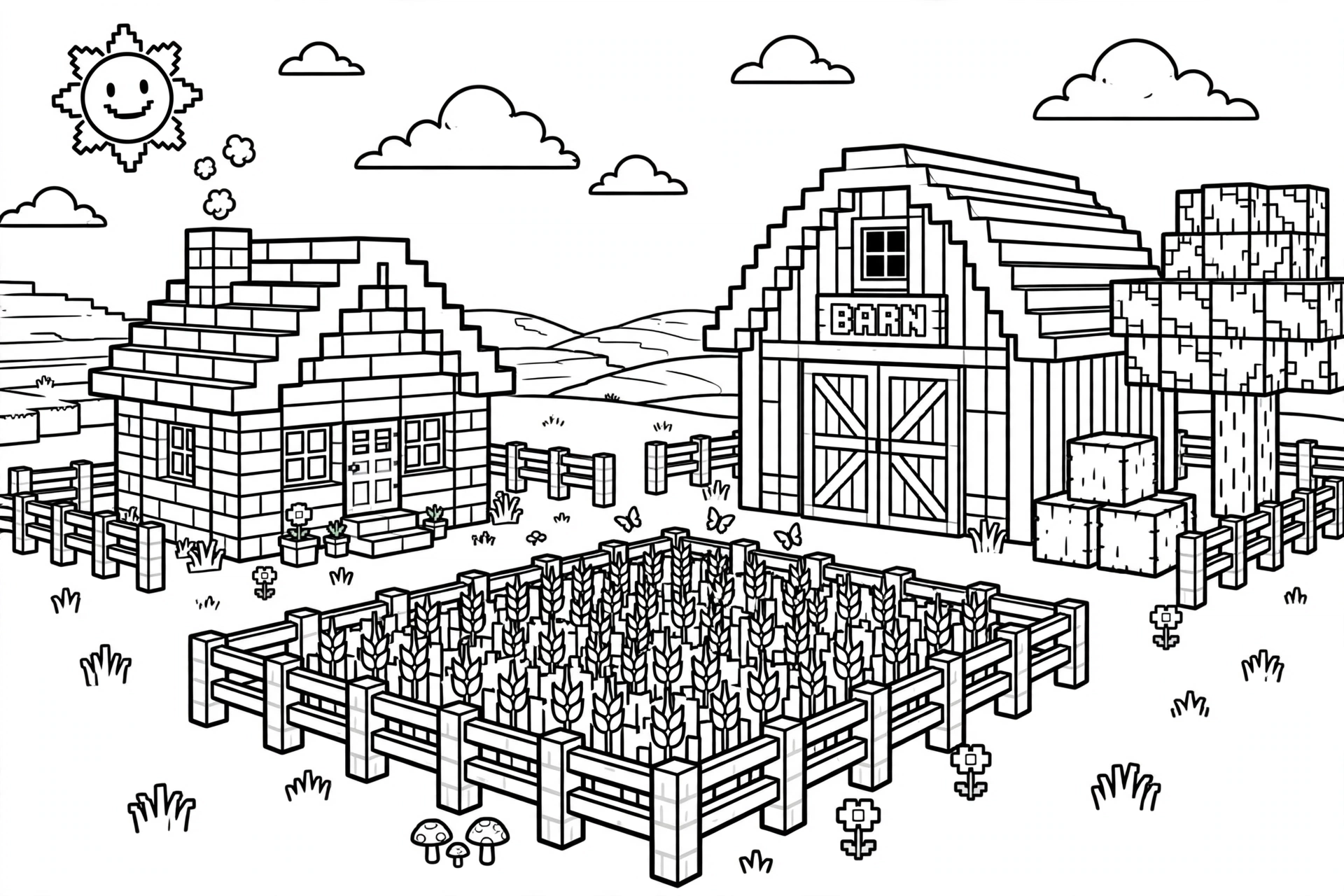 Farmhouse-with-barn-coloring-page