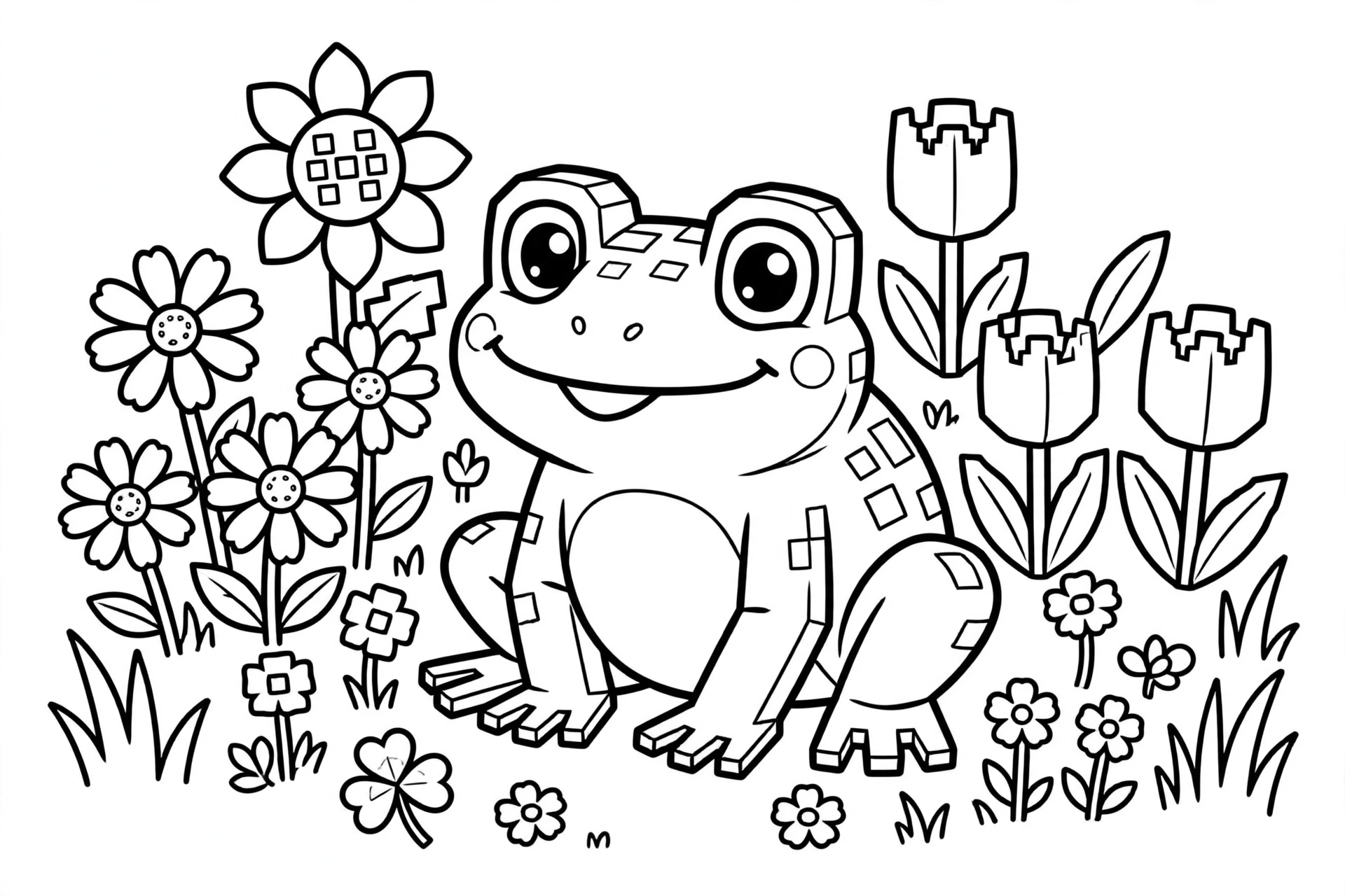 Minecraft Frog coloring page - with flowers