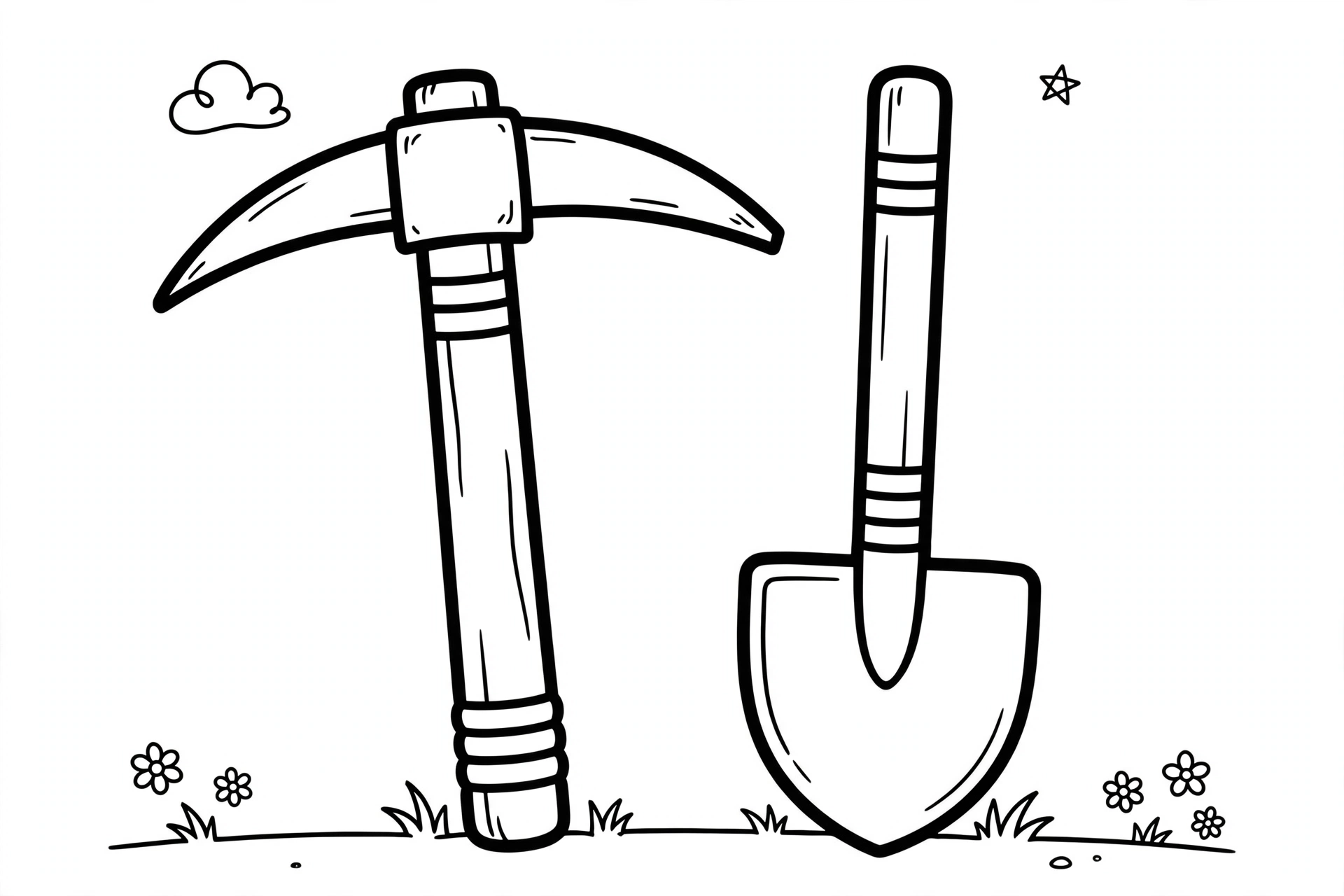 Pickaxe and shovel coloring page