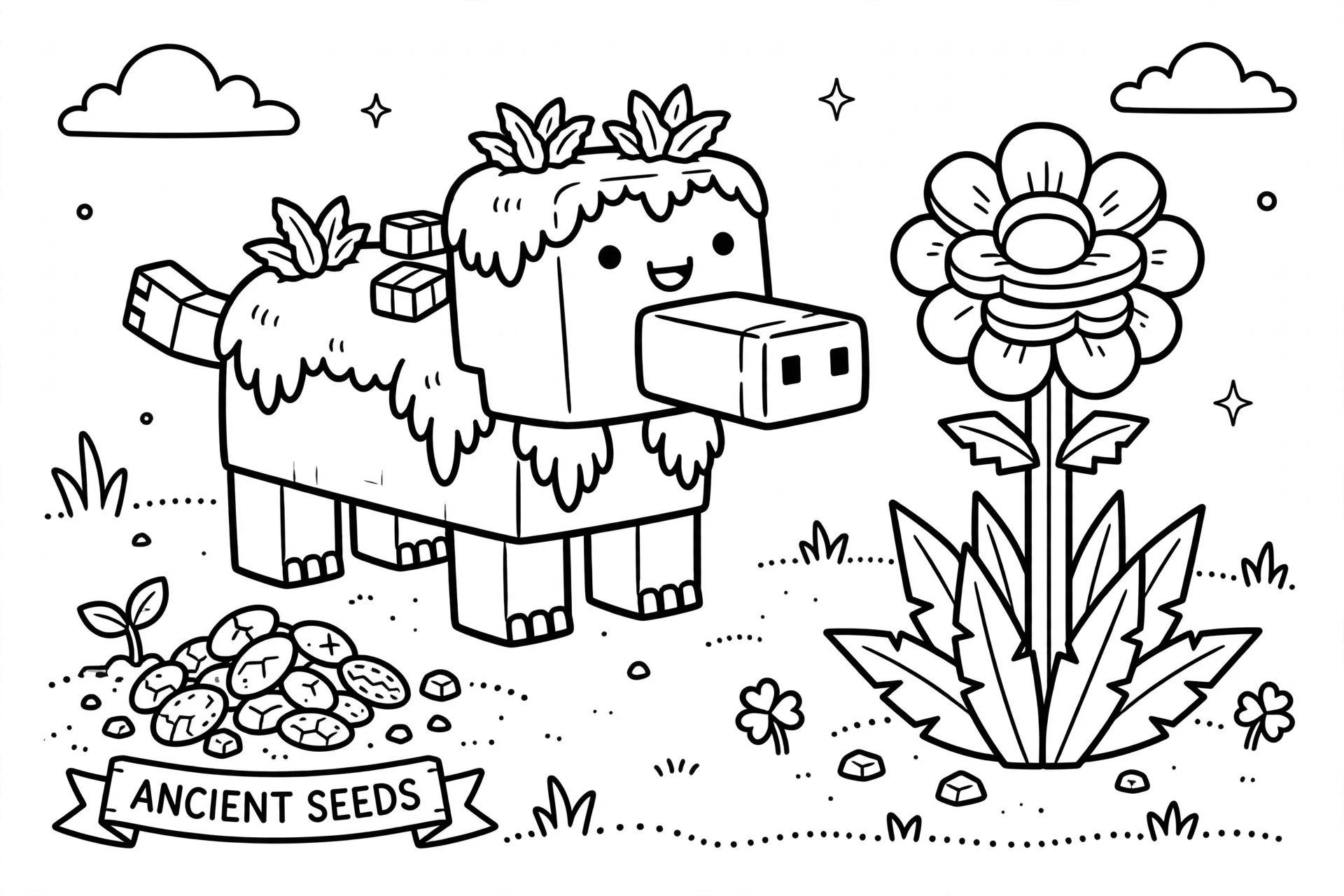 Minecraft Sniffer coloring page - with ancient seeds