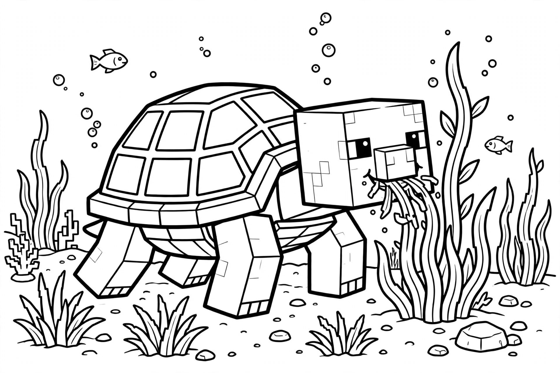 Minecraft Turtle coloring page - with fish
