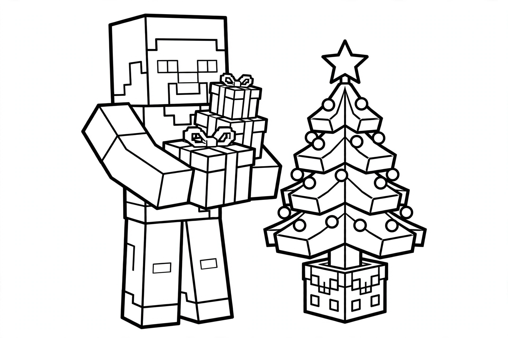 Minecraft Christmas Steve coloring page with presents
