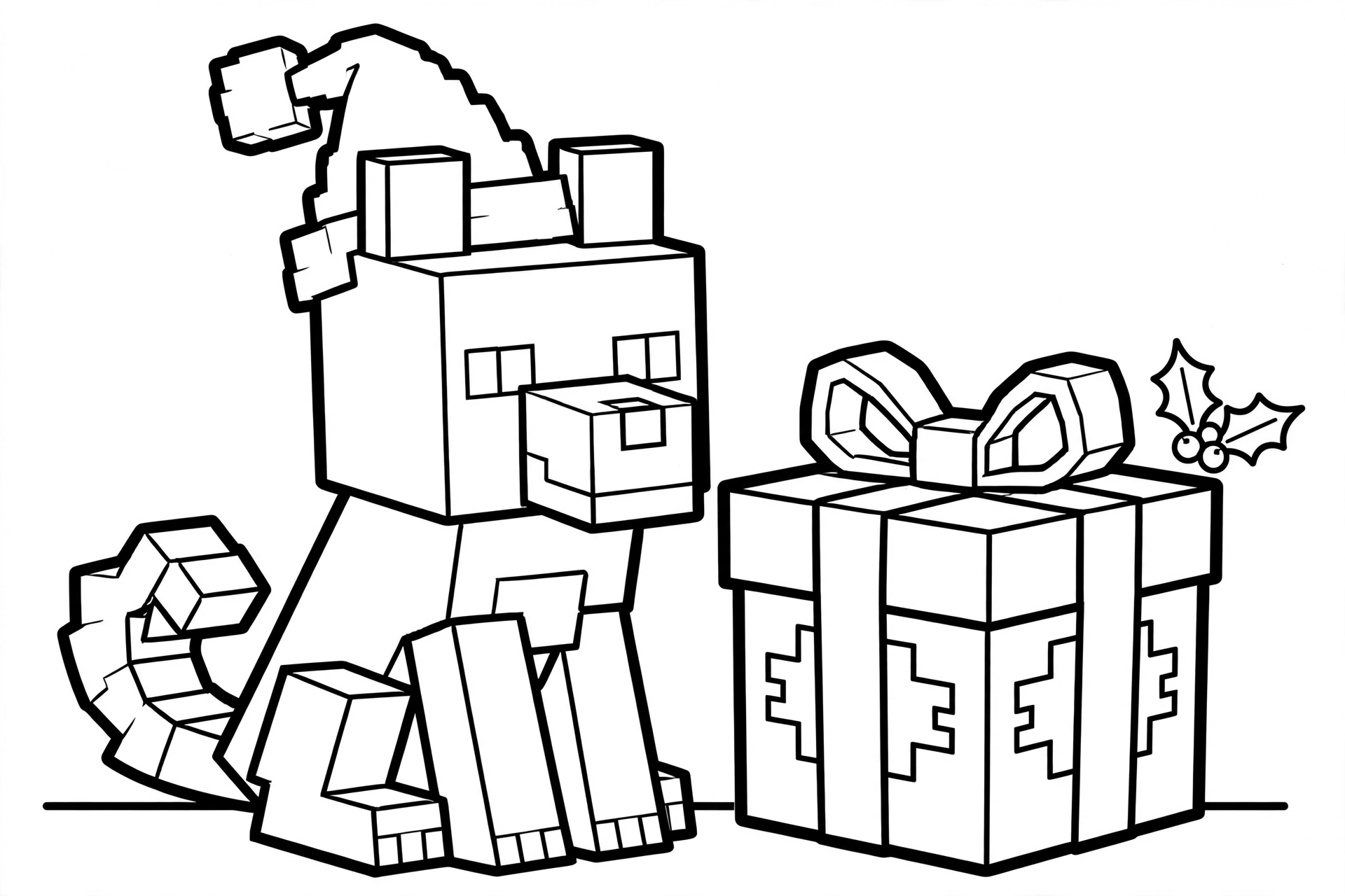 Minecraft Christmas wolf coloring page with santa hat