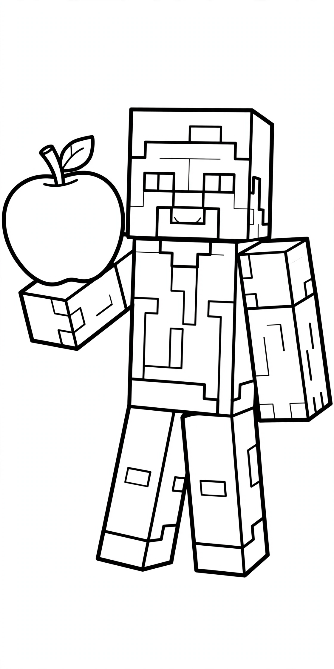 Steve coloring page holding a red apple