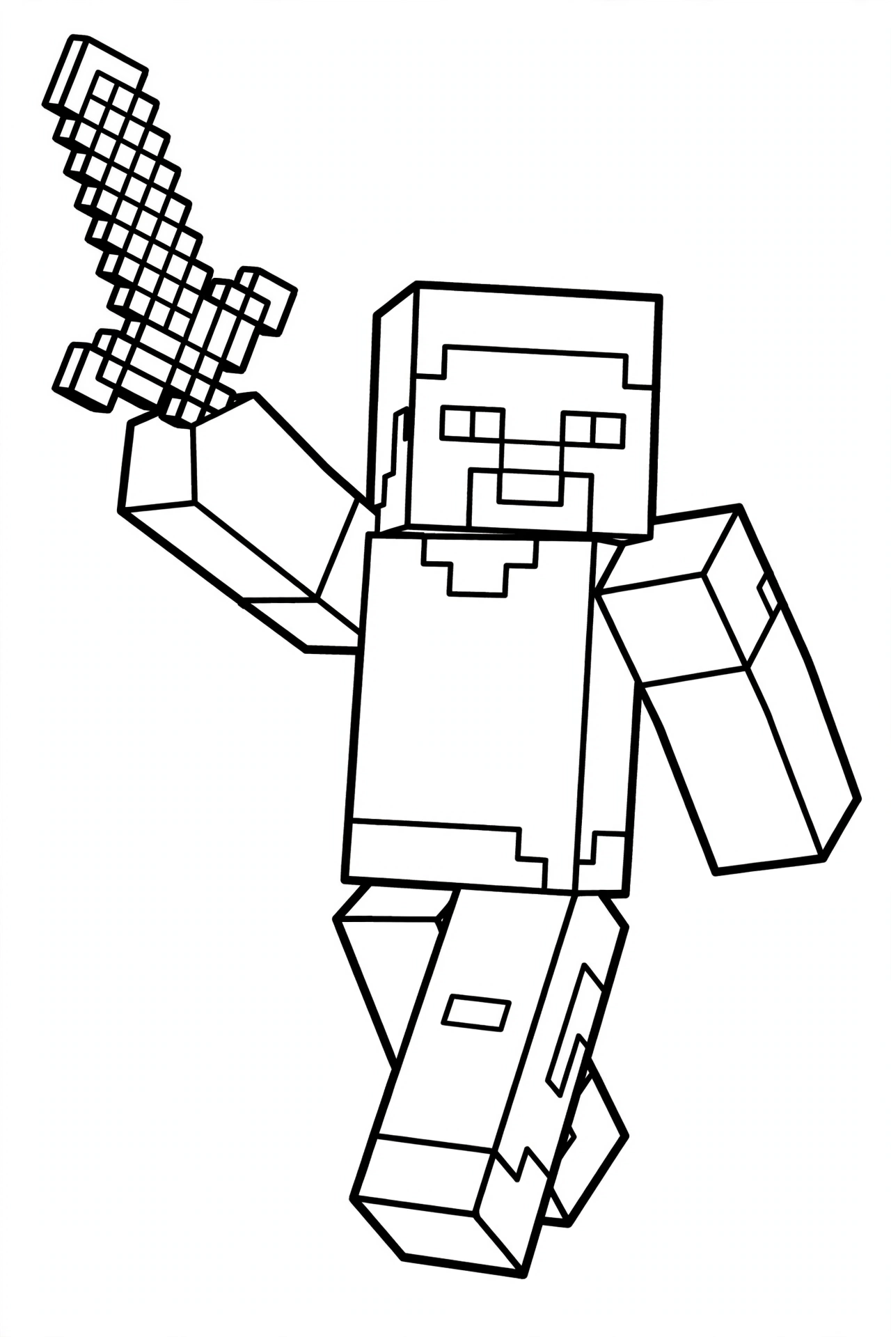 Steve coloring page holding diamond sword hero pose