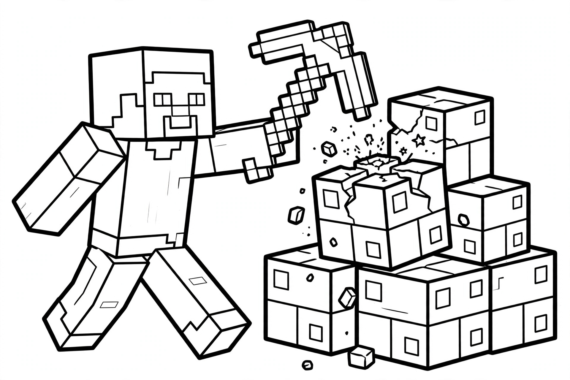 Steve coloring page mining stone with pickaxe