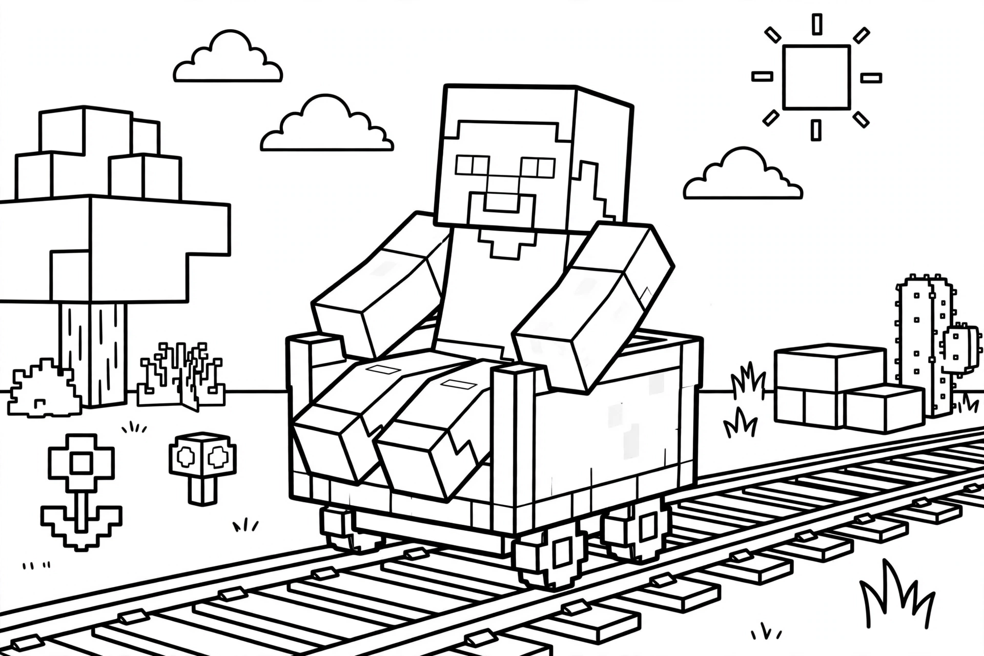 Steve coloring page riding a minecart