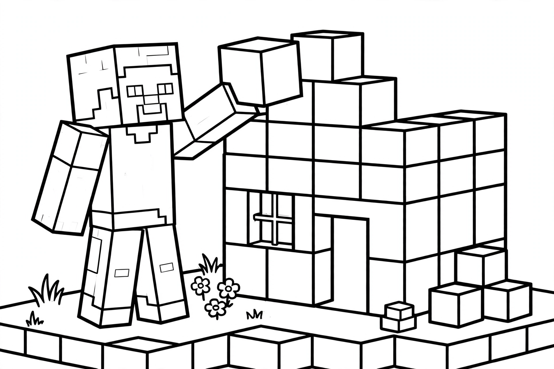 Steve coloring page building a house with blocks