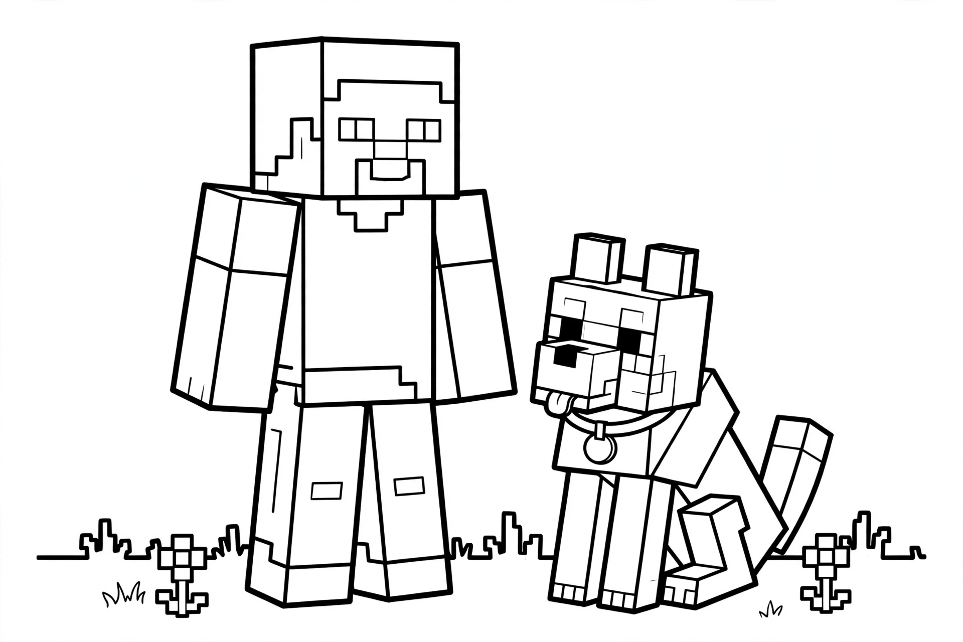 Steve coloring page with pet wolf