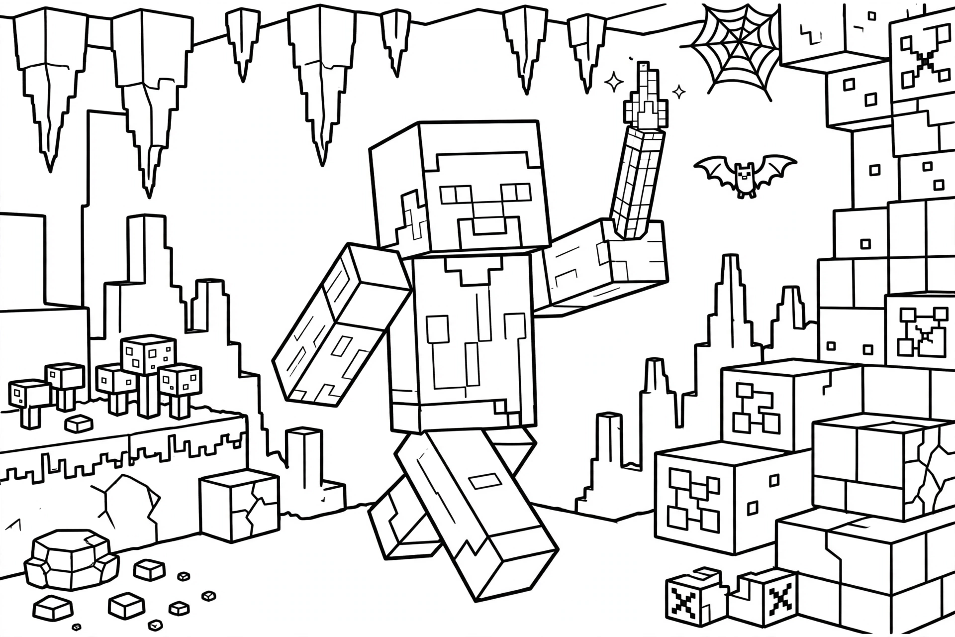 Steve coloring page exploring cave with torch